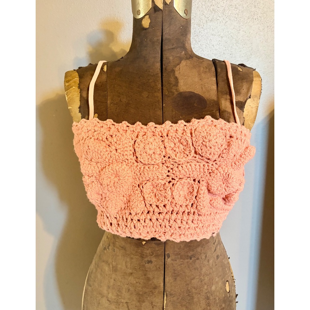 Free People Crochet Smocked Crop Top Peach Coral Boho Spaghetti Strap Medium